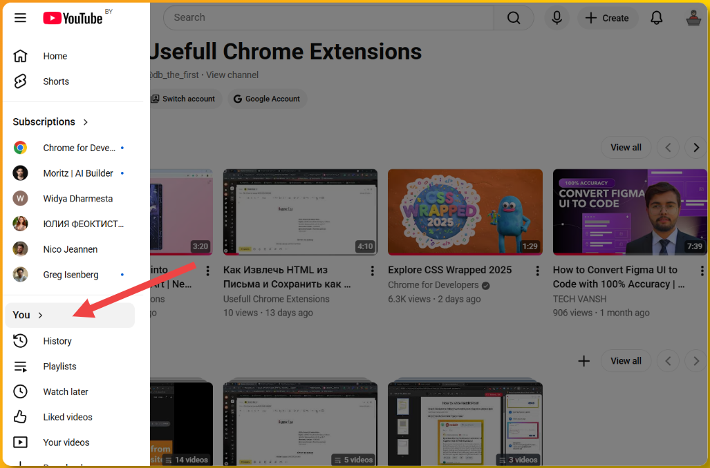 Screenshot showing how to click the You section in YouTube menu - accessing your account page